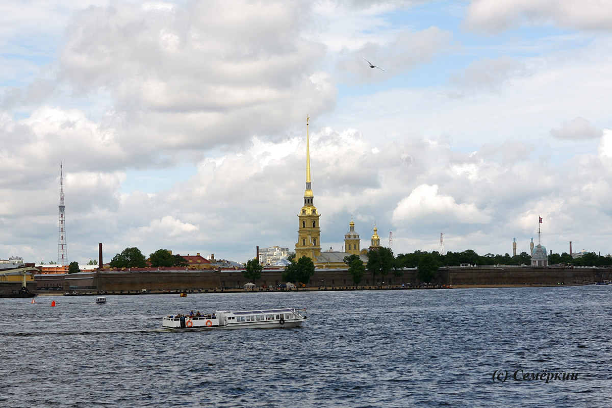 Снова Петропавловская крепость, тут чайка хорошо летит и пароходик в тему плывет